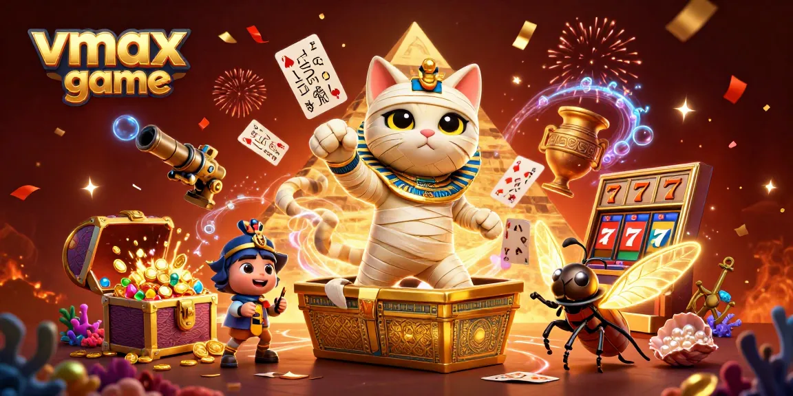 Experience thrilling vmax game adventures with a cartoon mummy and glowing scarab in a vibrant casino scene.
