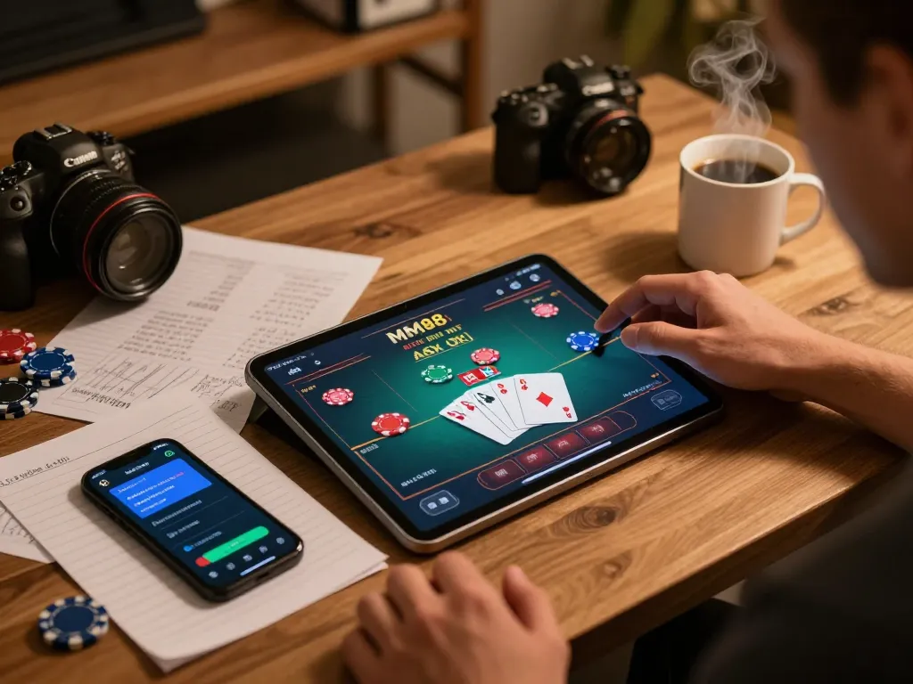 Engaging in online poker at MM88 with a tablet setup, highlighting strategic notes and gameplay.
