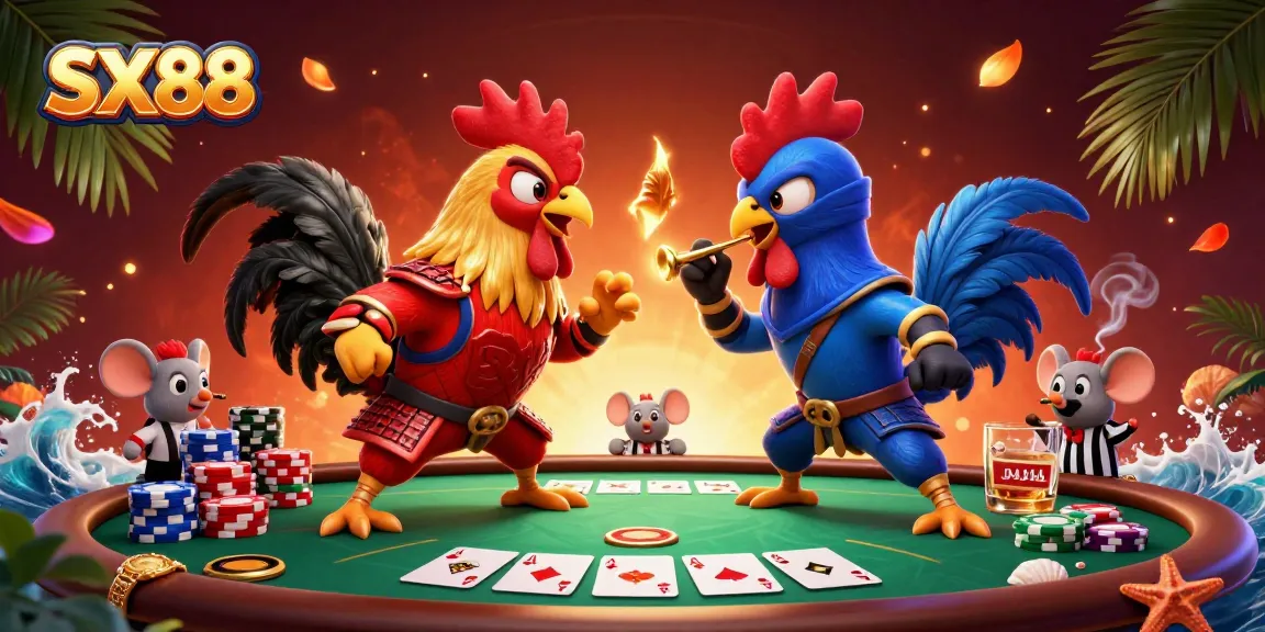 SX88 engages players with a dynamic poker scene featuring battling roosters and high-stakes elements.
