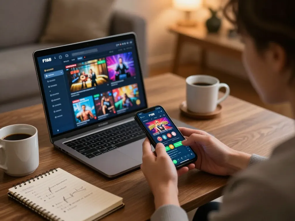 Player exploring the F168 casino app on smartphone in a cozy home gaming setup, engaging in responsible gambling.