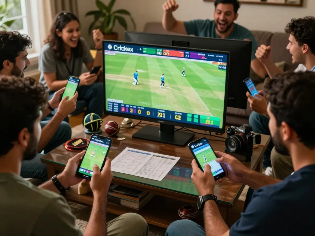 Crickex users actively engaged in live cricket betting on mobile devices, showcasing excitement and competitive atmosphere