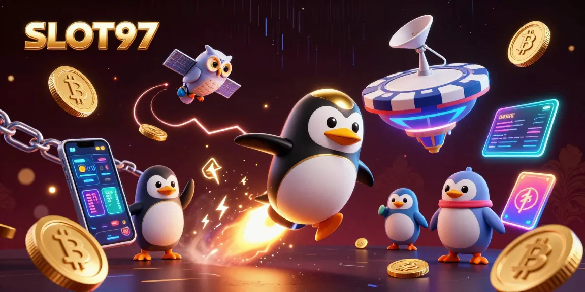 SLOT97 features a golden penguin racing towards a casino chip with cryptocurrency elements, highlighting vibrant online gaming.