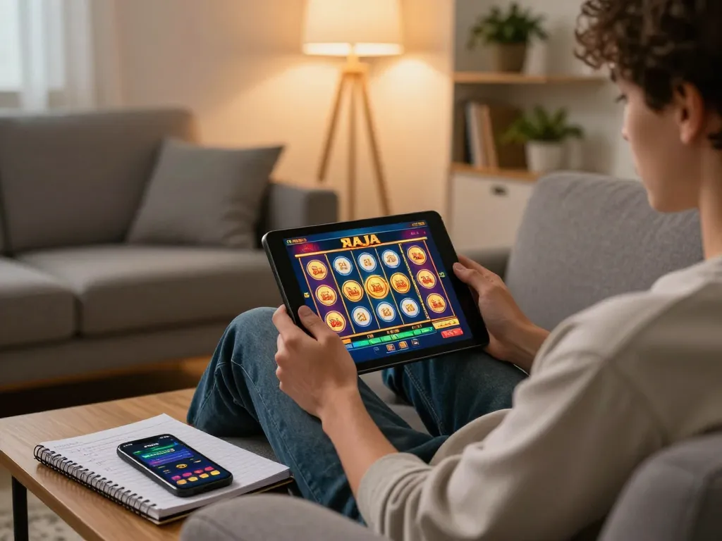 Berkecimpung dalam permainan raja slot di tablet dalam lingkungan rumah yang nyaman, menampilkan pengaturan permainan yang strategis.