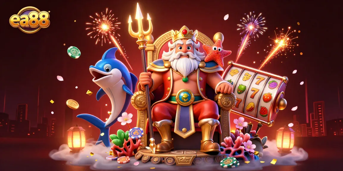Experience thrilling gameplay with ea88 as Neptune and samurai guard amidst slot reels and casino excitement.