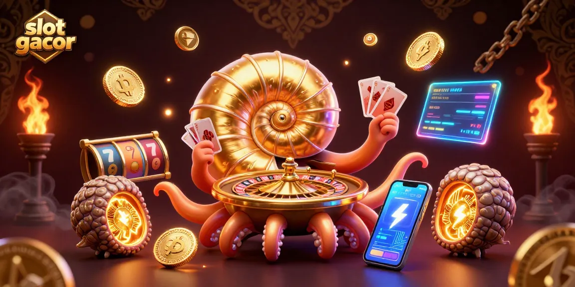 Engage with slot gacor as a golden nautilus and cards burst with excitement in this dynamic casino scene.