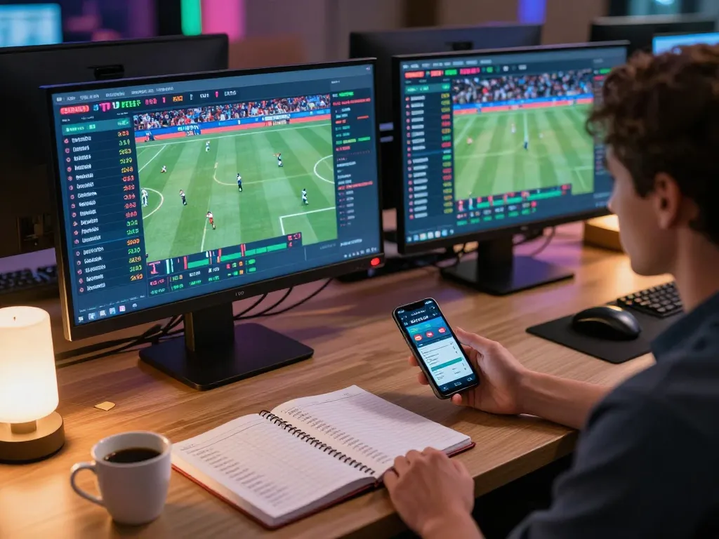 Engaging in tỷ lệ kèo trực tuyến at a modern online sports betting setup, with odds displayed on screens and strategy notes on desk.