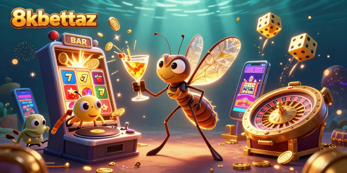 Engage with 8xbettaz in a vibrant casino scene featuring a mystical mosquito, trilobite DJ, and thrilling slot elements.