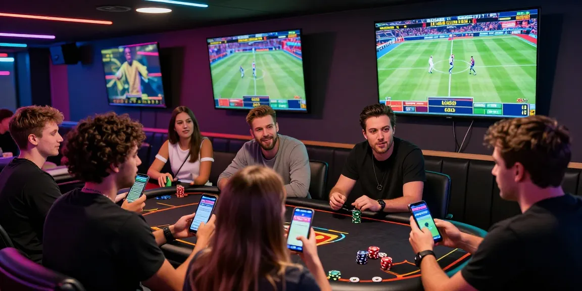 Friends engaged in online betting using the UK88 app in a lively gaming lounge.