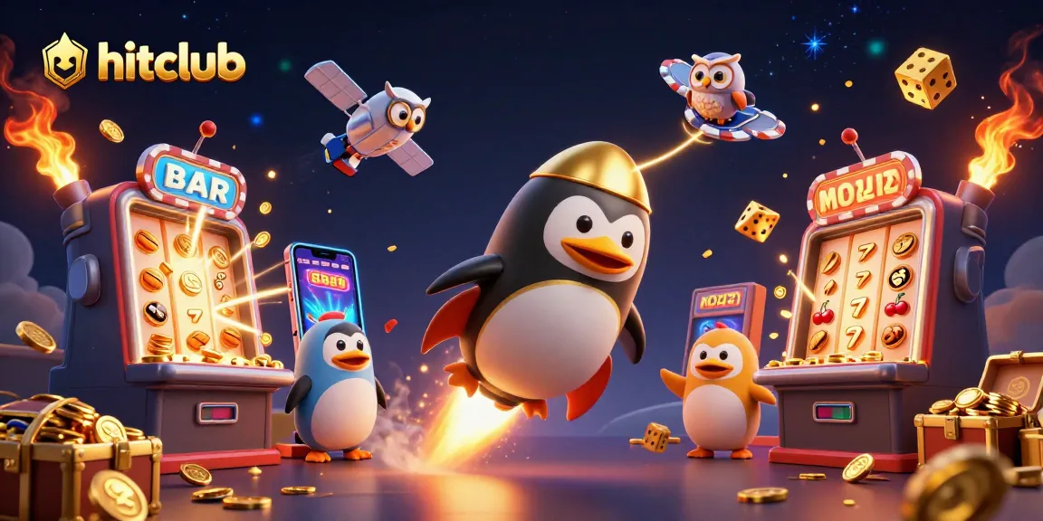 Experience thrill at hitclub with vibrant casino imagery featuring a golden penguin and interactive games.