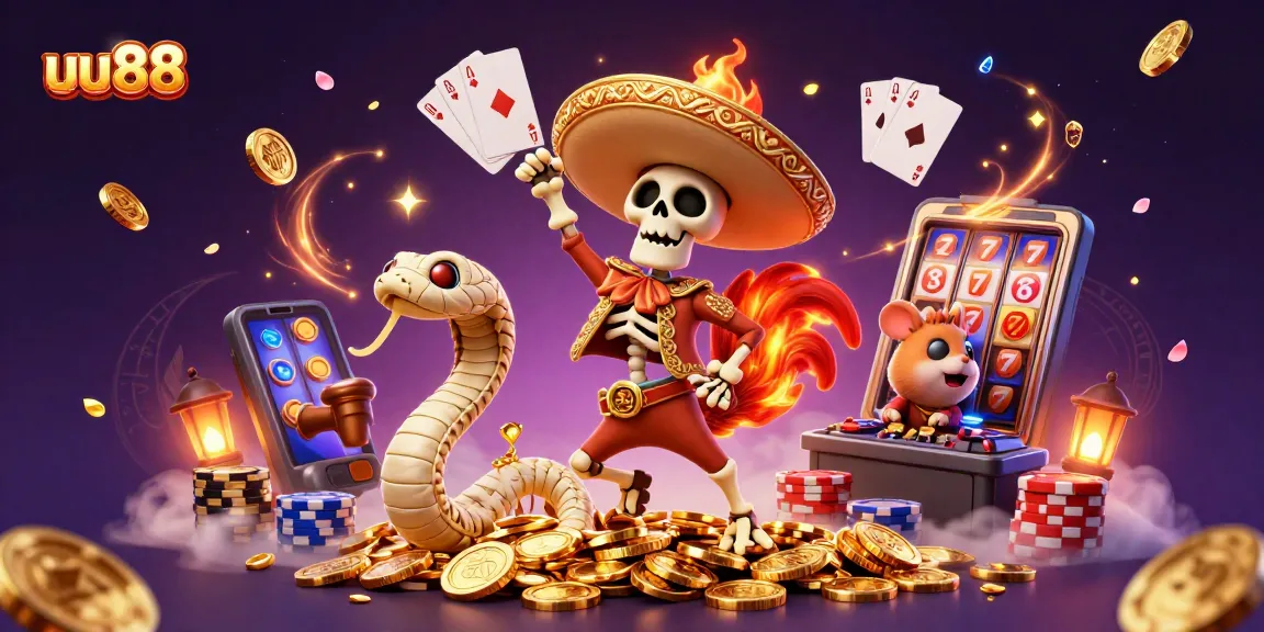 uu88 online gaming scene with a victorious rooster, mummified snake, and DJ hamster amidst golden coins and vibrant casino elements
