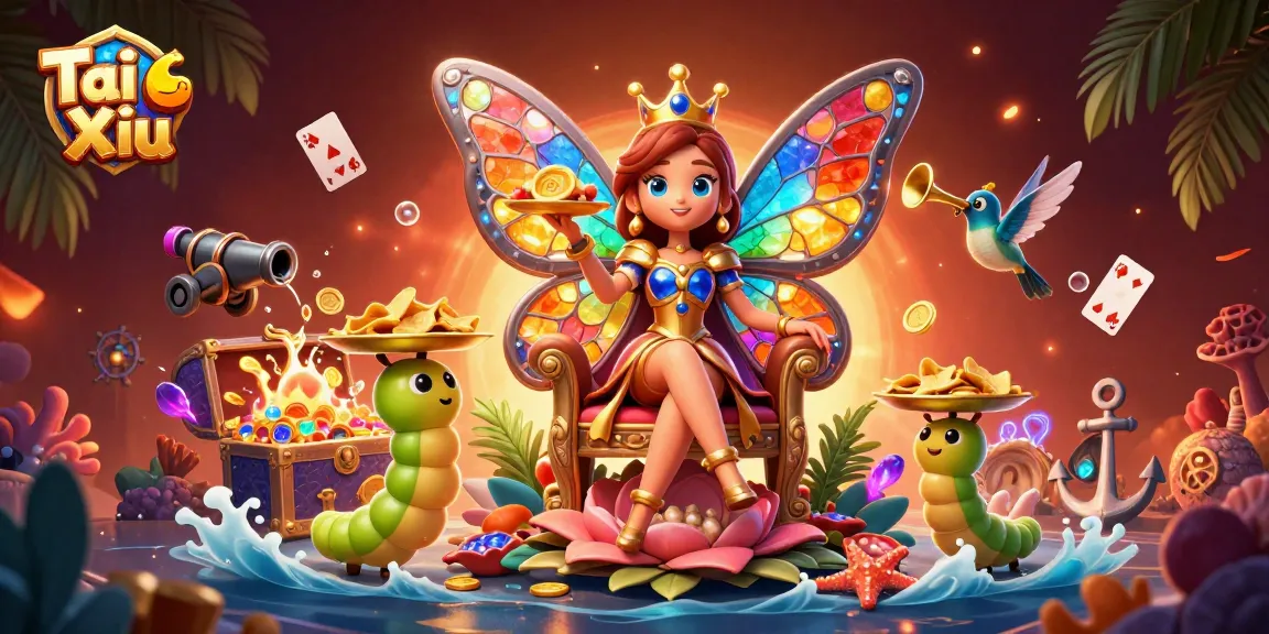 Tài Xỉu gameplay featuring vibrant 3D illustration of a butterfly queen and treasure, enhancing excitement.