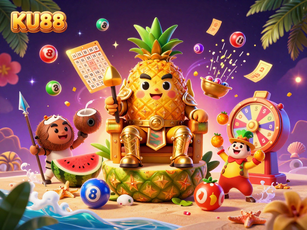 Experience the excitement of KU88 with a vibrant beach casino scene featuring a golden pineapple king and lively game elements.
