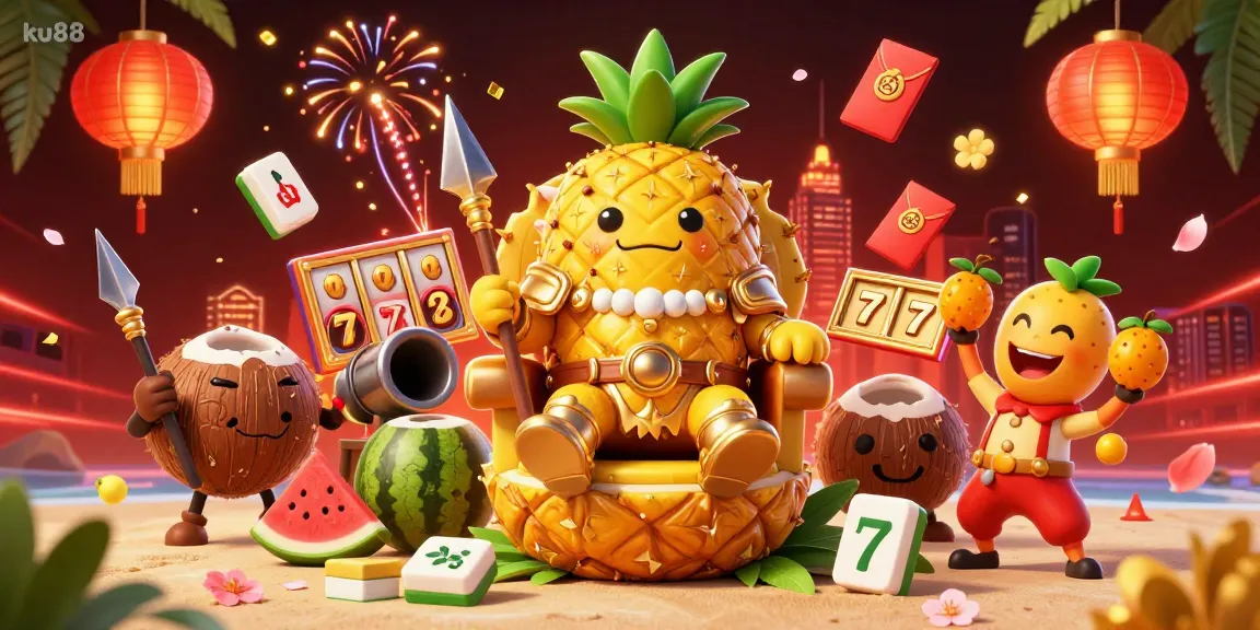 Engaging ku88 scene with a golden pineapple king and casino elements to test luck and win big.