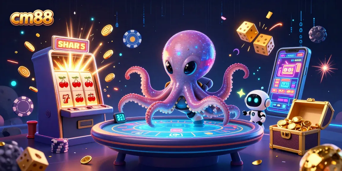 Engage with cm88 as a vibrant 3D illustration of an alien octopus playing poker with lively game elements.