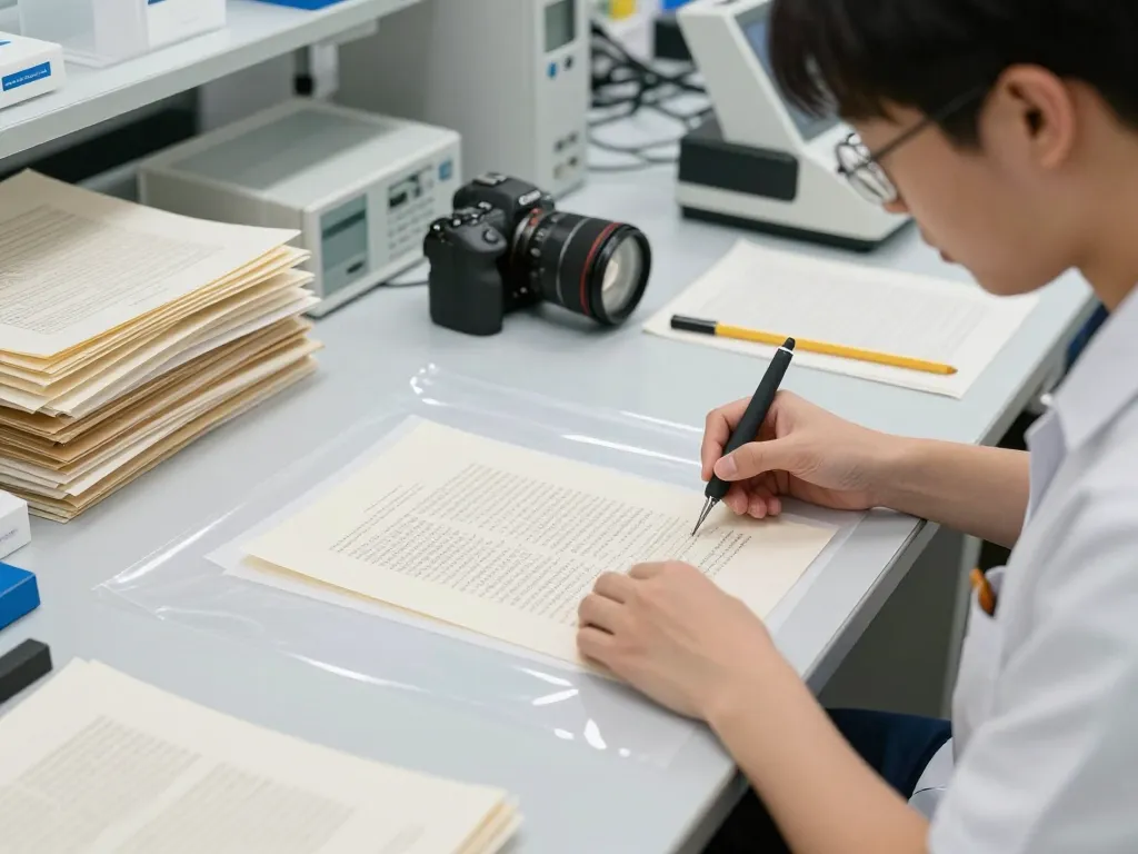 Expertly handling bóc ép plasitc in a professional restoration lab to preserve important documents.