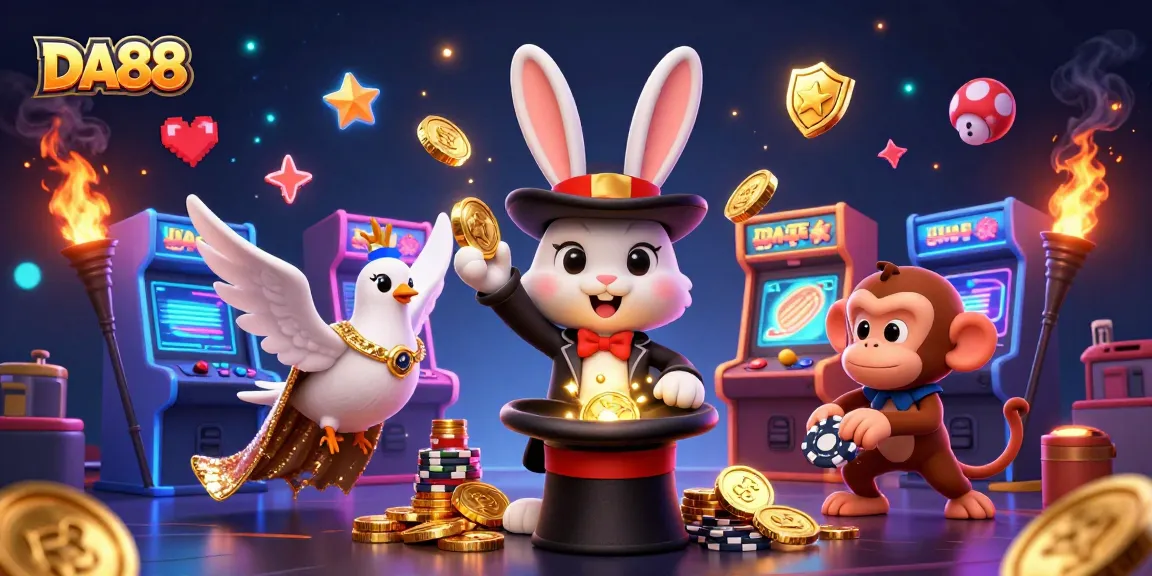 DA88 magician rabbit pulls golden coins in a vibrant 3D casino scene filled with interactive gaming elements.