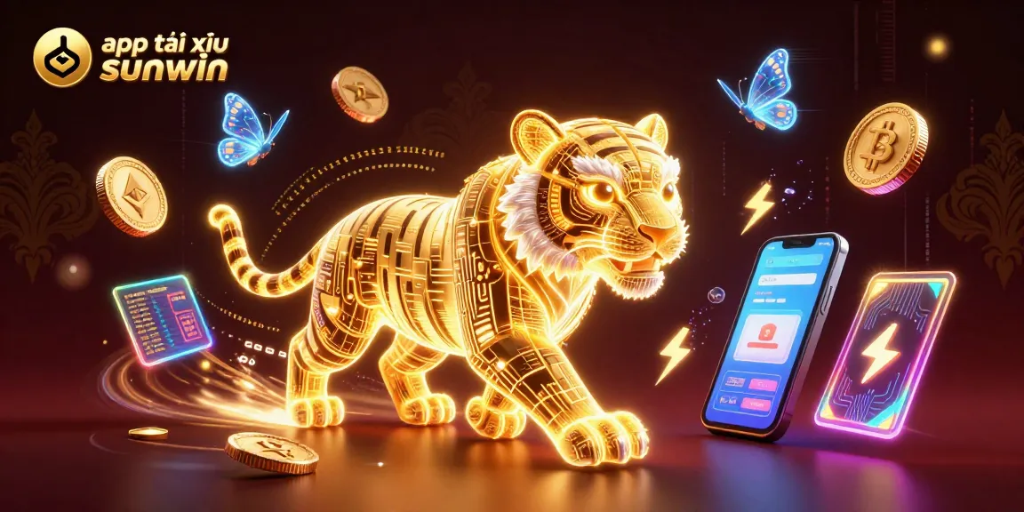 Play app tài xỉu sunwin amidst a dazzling digital casino landscape filled with neon cryptocurrencies and data.