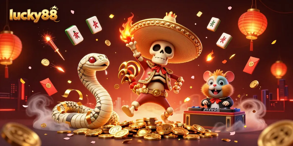 Experience exhilarating wins at lucky88 with vibrant 3D casino characters and festive elements.