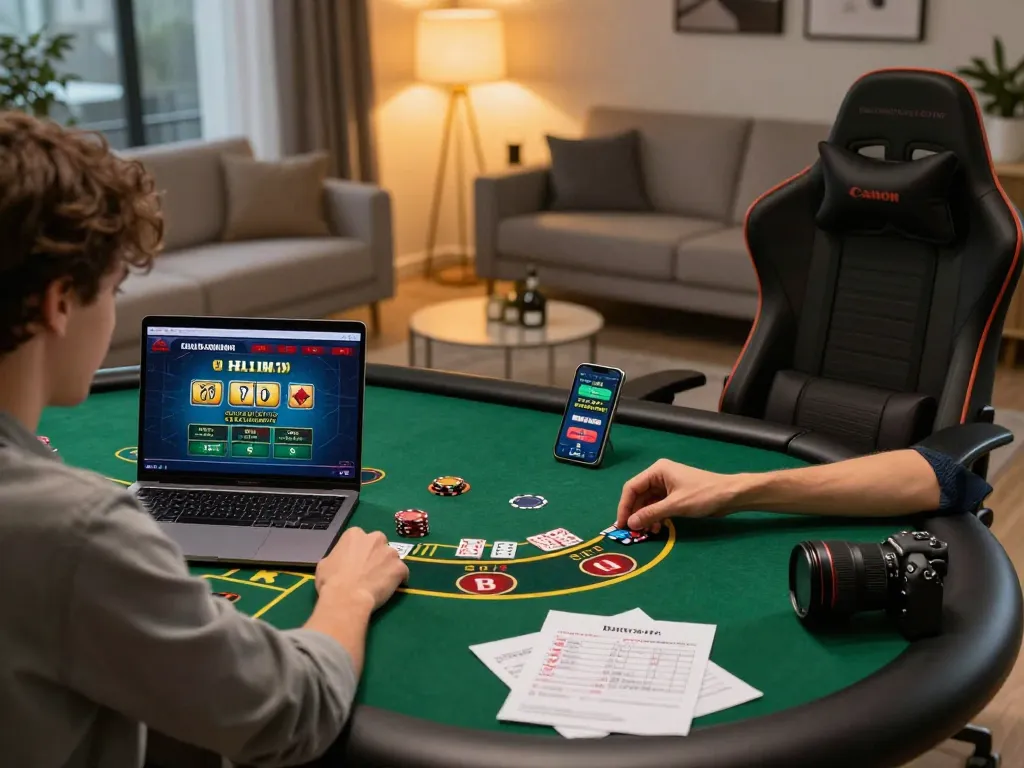 Player using KP88 online casino app for blackjack on laptop, focused on winning strategies.