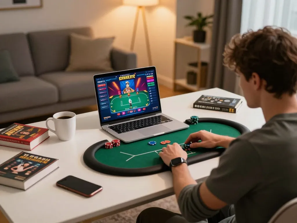 Player engaged in a thrilling online poker session at home, illustrating cm88's immersive gaming experience.