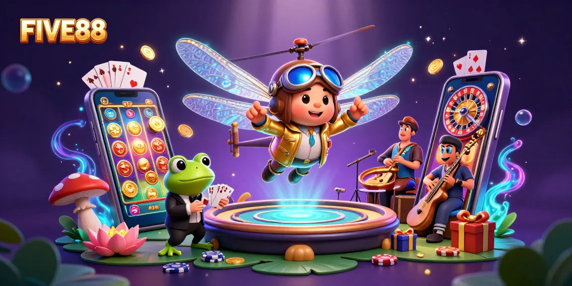 Engage with the vibrant FIVE88 casino scene featuring a dragonfly pilot and frog croupier.