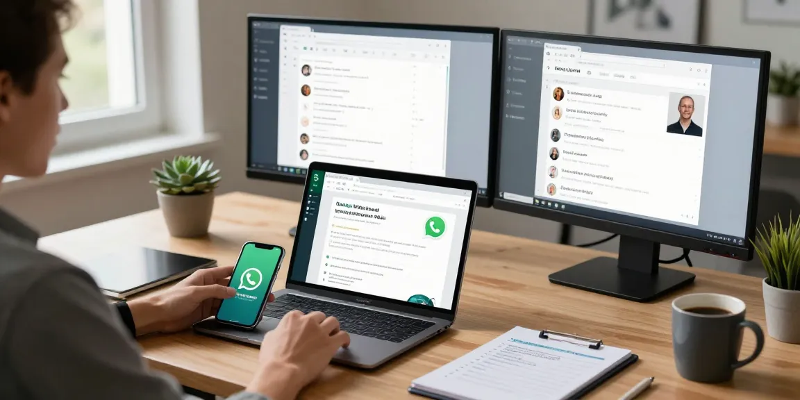 User accessing WhatsApp網頁版 on a laptop in a modern office, showcasing chat features and productivity elements.