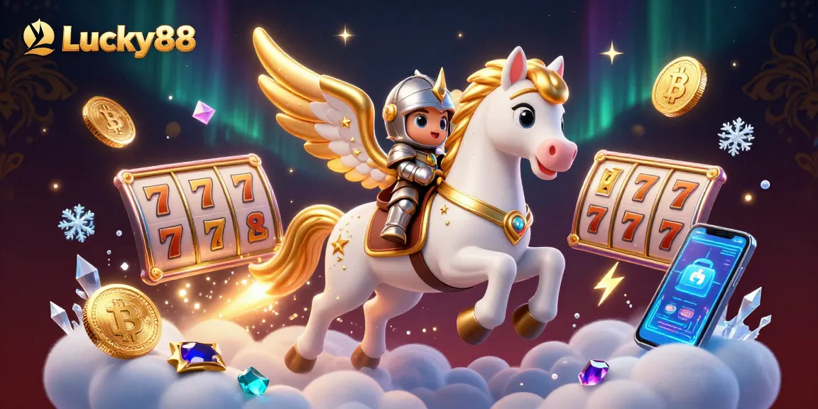 Experience the excitement of Lucky88 with a celestial knight and vibrant slot elements in a dynamic casino scene.