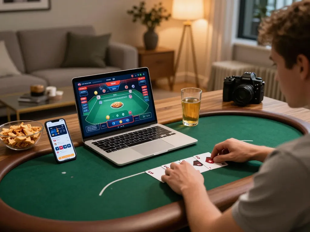 Engaged player using F168 online betting platform on laptop with cozy, inviting home setup.