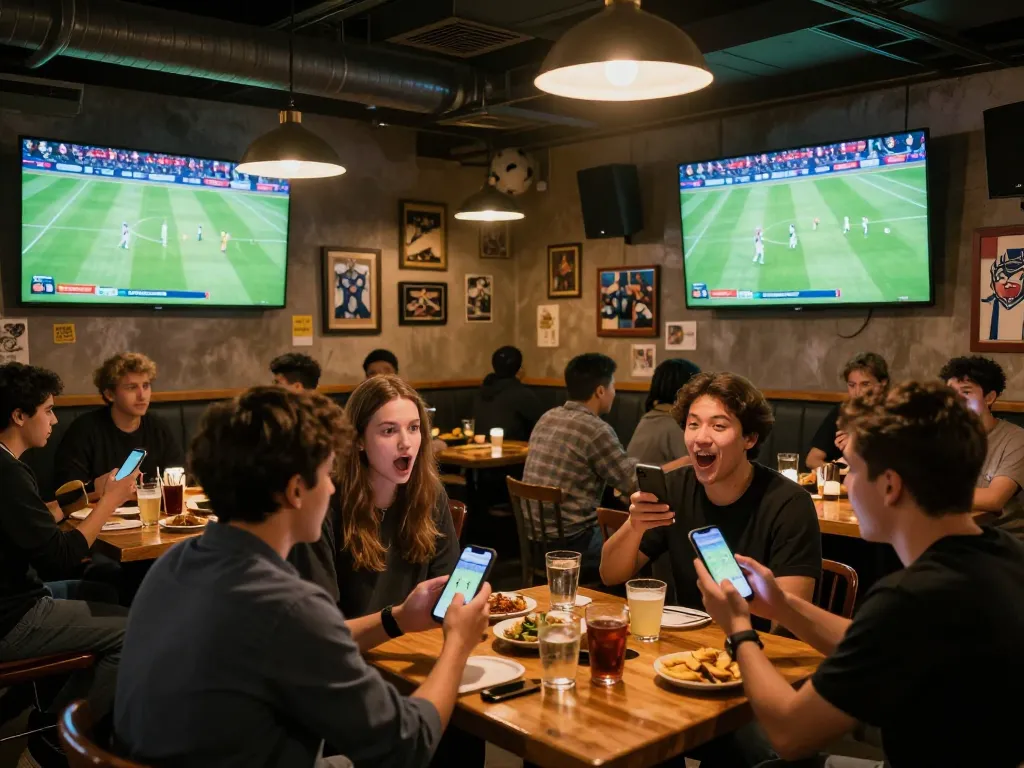 Socolive users strategically betting on live soccer matches in a lively sports bar atmosphere