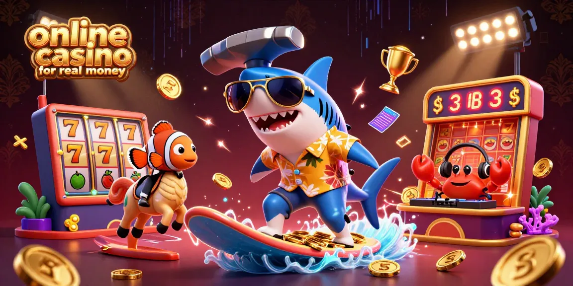 Surf thrillingly at the online casino for real money, surrounded by jackpot symbols and vibrant gaming elements.