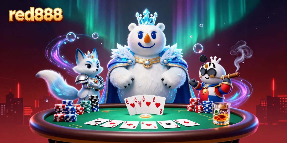 Experience red888 with an ice king polar bear and snow fox in a vibrant casino scene.