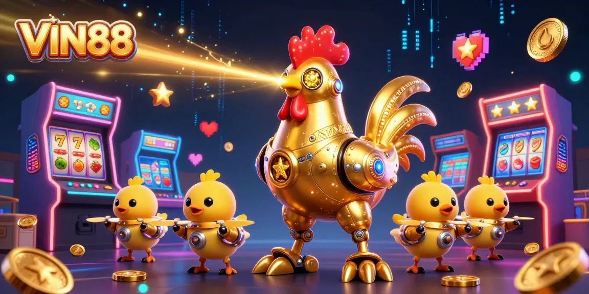 VIN88 slot game celebration with laser-shooting rooster and chick drones in a colorful arcade scene.