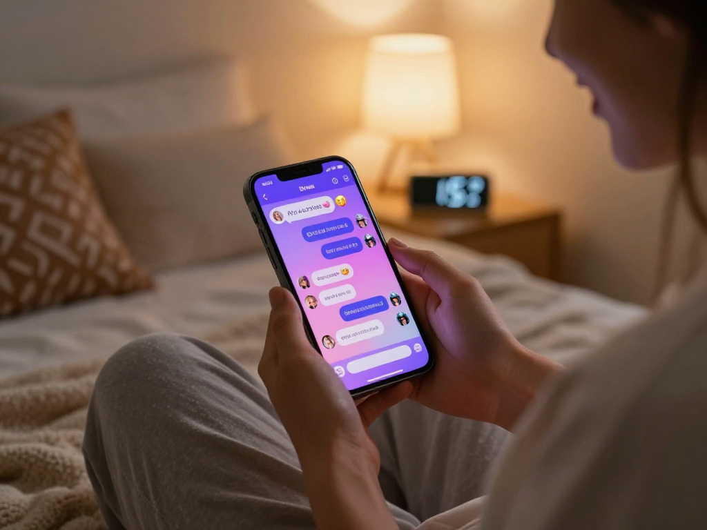 Engaging person in cozy bedroom using ai sex chat on smartphone, showcasing vibrant chat interface and playful atmosphere.