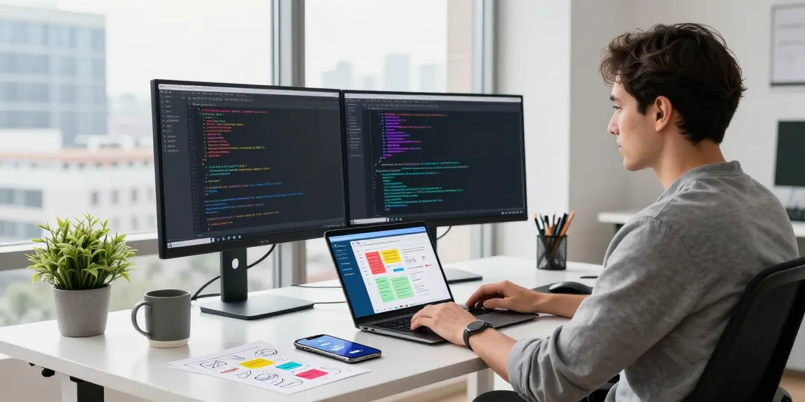 Download Telegram on a modern tech workspace with dual monitors showing code.