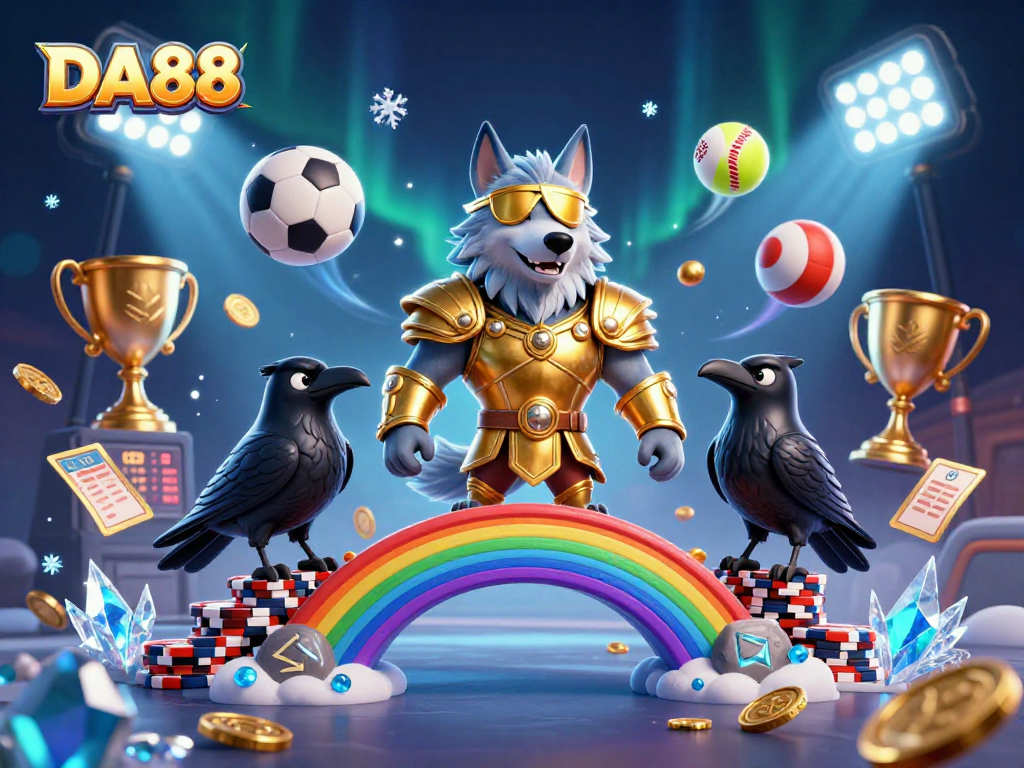 DA88 features a dynamic 3D scene with Norse mythology characters and sports elements highlighting an exciting online gambling experience.