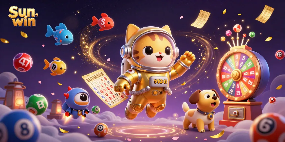 Win big with Sun win in an energetic scene featuring a space cat and dog amidst dynamic gambling elements.