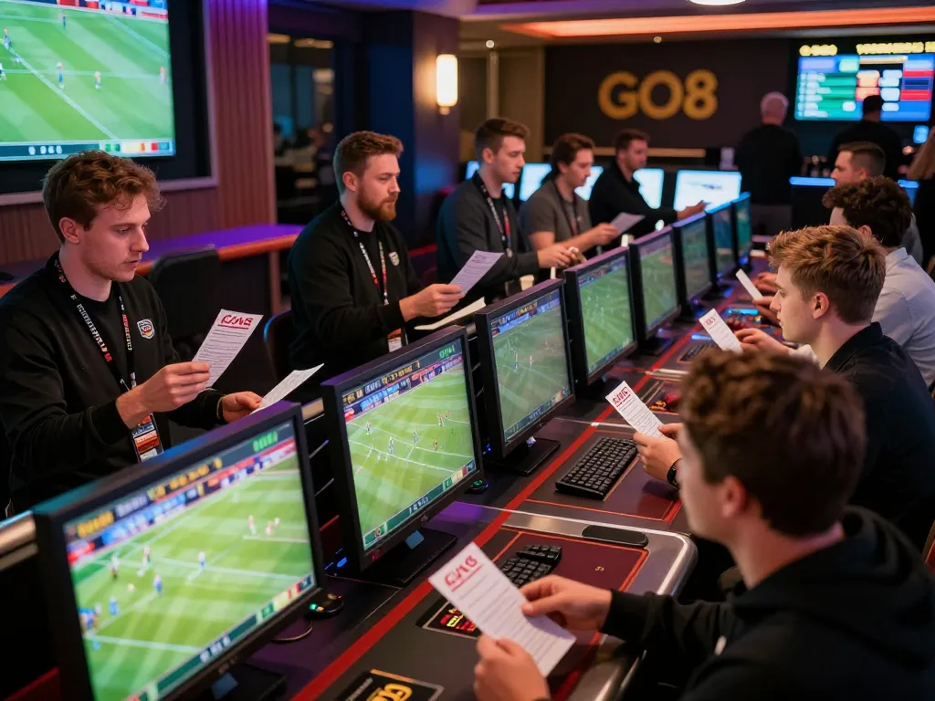 Players engaging in game go8 sports bets, surrounding vibrant monitors displaying live matches.