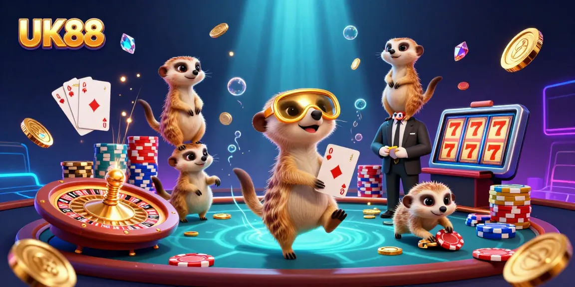 Experience excitement at UK88 with meerkats running a lively casino, showcasing cards and spinning roulette.