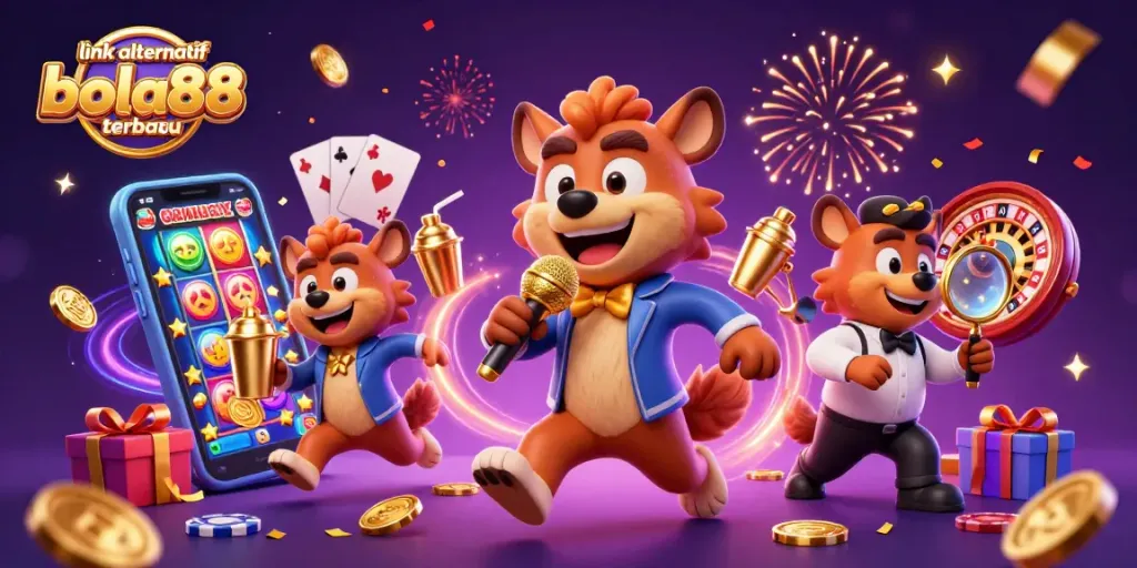 Experience gaming with the link alternatif bola88 terbaru featuring festive hyena characters in a vibrant casino.