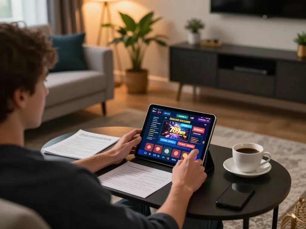 Player engages with the 789win online casino, laptop and strategy notes at hand in a cozy setting.