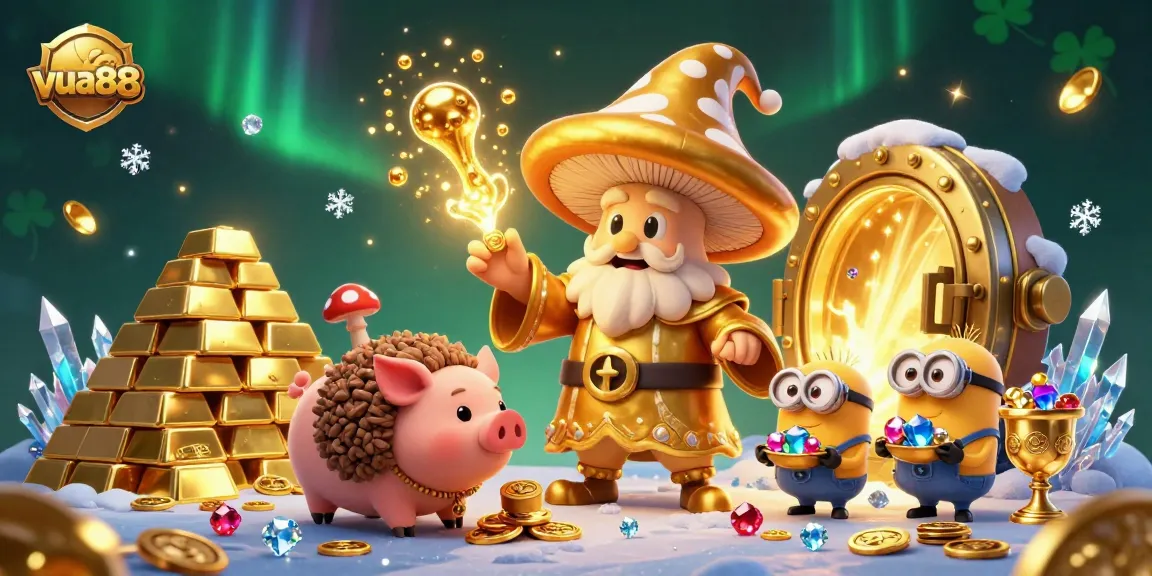 Experience vibrant treasure hunting at vua88 with a golden wizard, truffle pig, and sparkling gems.