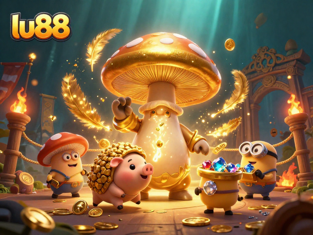 Spin for gold at lu88 with a golden mushroom wizard casting spells amidst treasure.