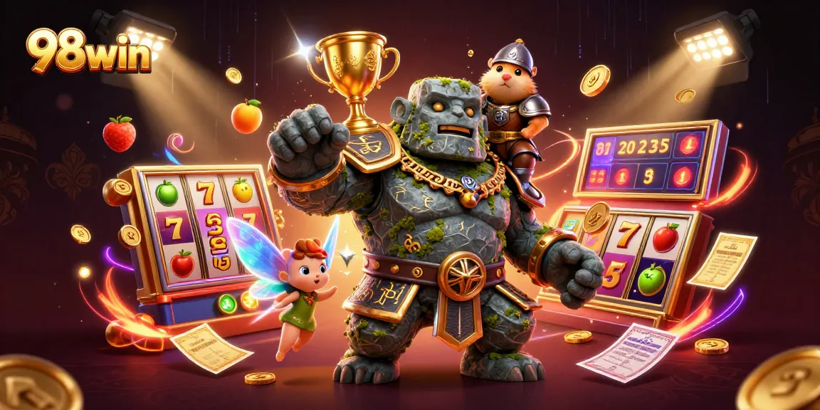 Engage with 98win in an exciting casino adventure featuring vibrant slot elements and magical characters.