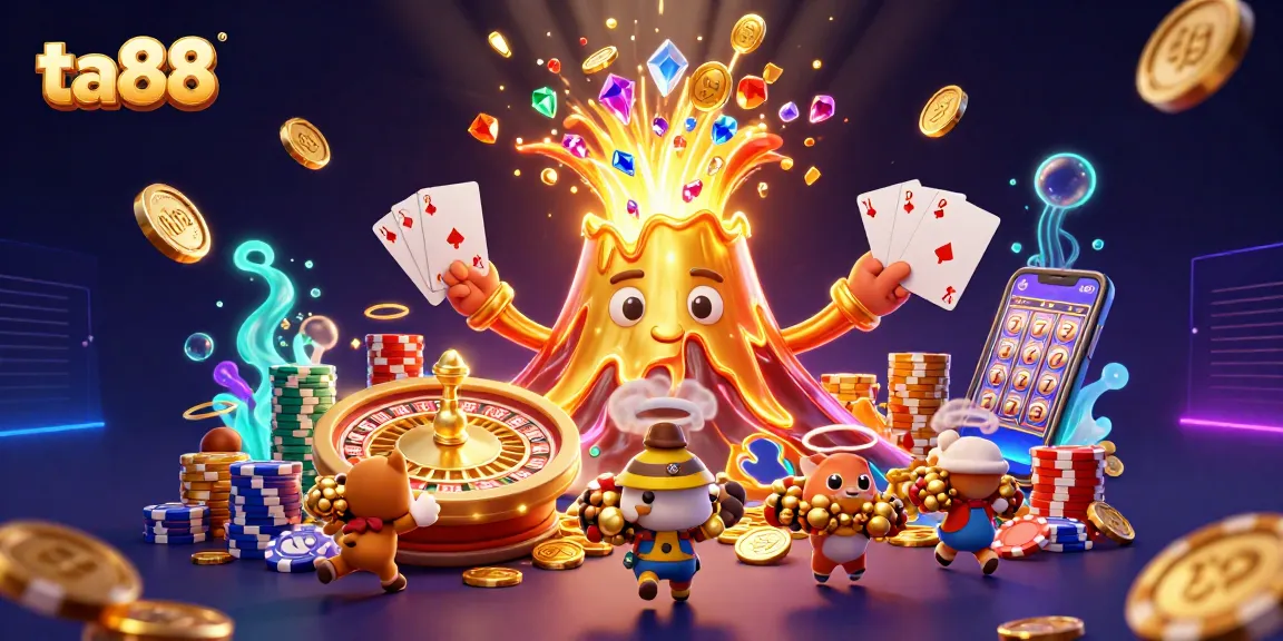 ta88’s triumphant golden volcano erupts coins and gems in a vibrant casino scene.