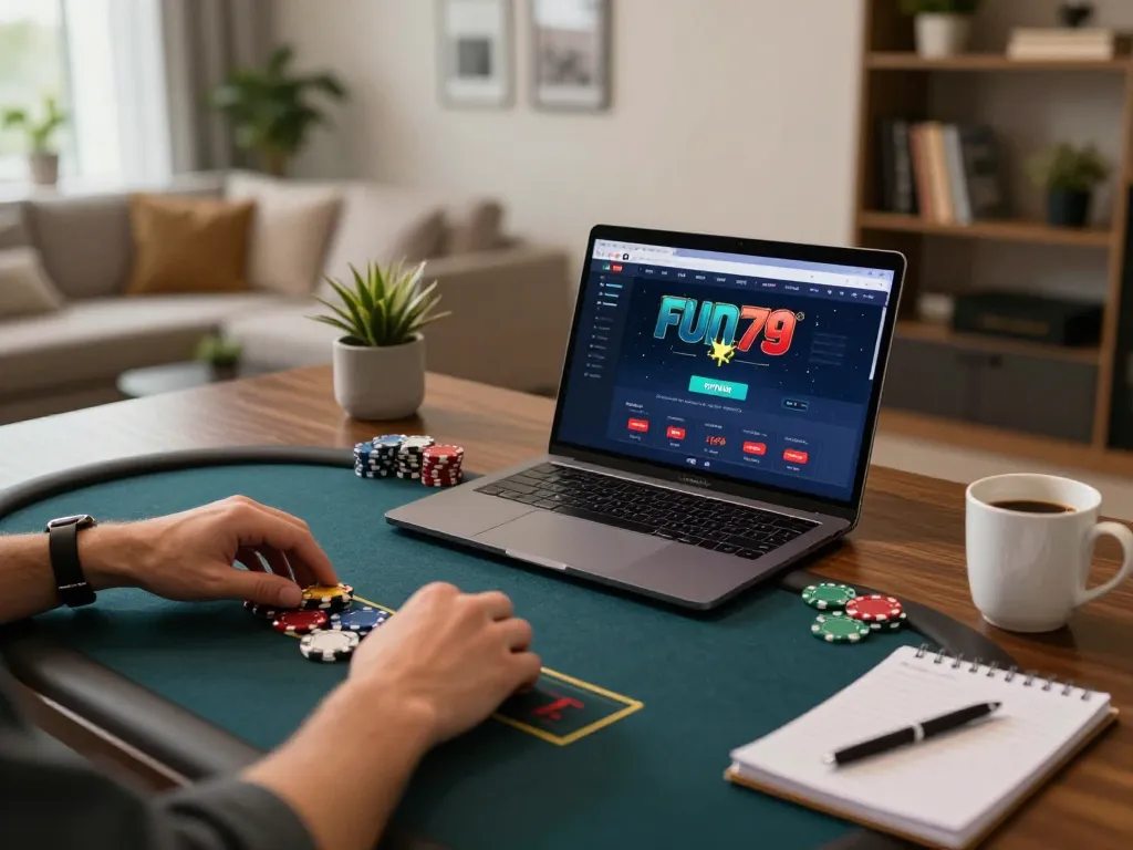 Play online at fun79, engaging in strategic gambling on an elegant home setup with cozy atmosphere