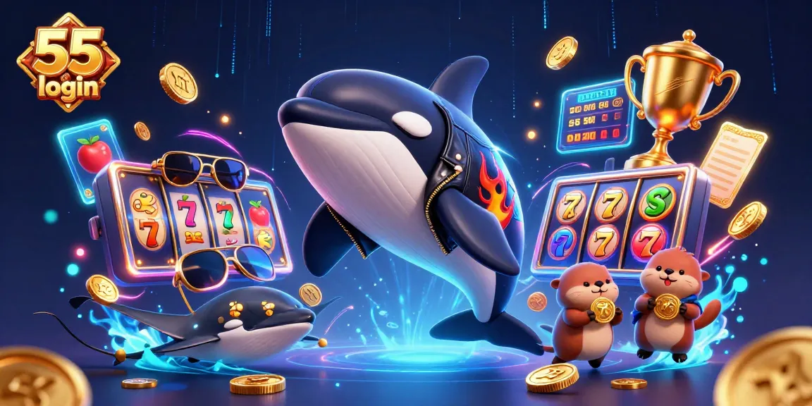Bet on the excitement with 55 club login, featuring a playful orca and otters amidst slot machines.
