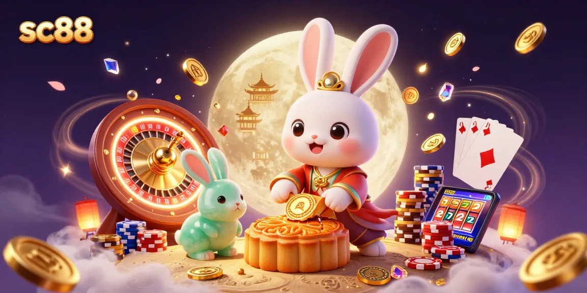 sc88 showcases the moon rabbit turning mooncakes into poker chips in a vibrant casino scene