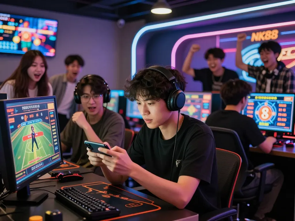 NK88 online gaming scene with Gen Z players engaged in betting activities and vibrant atmosphere