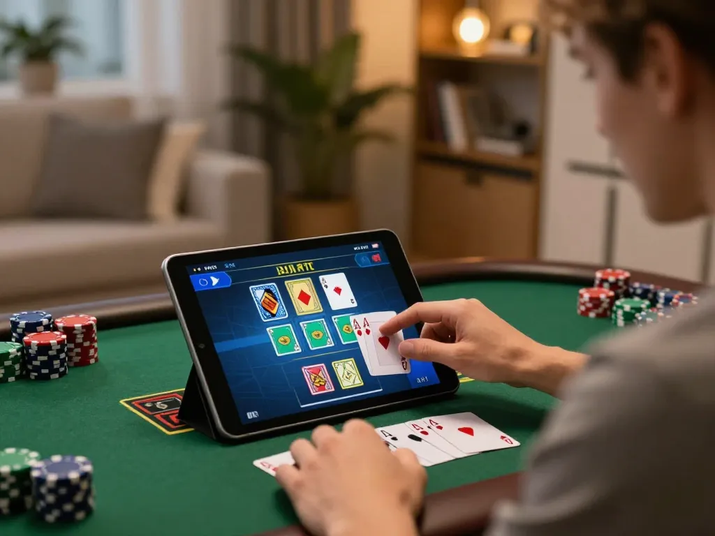 Playing blackjack on lc88 app with engaging graphics in a cozy home atmosphere