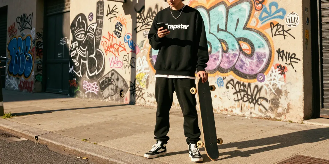 Trapstar Felpa indossata da una persona alla moda in ambiente urbano con graffiti colorati sullo sfondo.